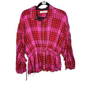 Free People Pacific Dawn Plaid Wool Blend Shirt Drawstring Waist Snap Front Med